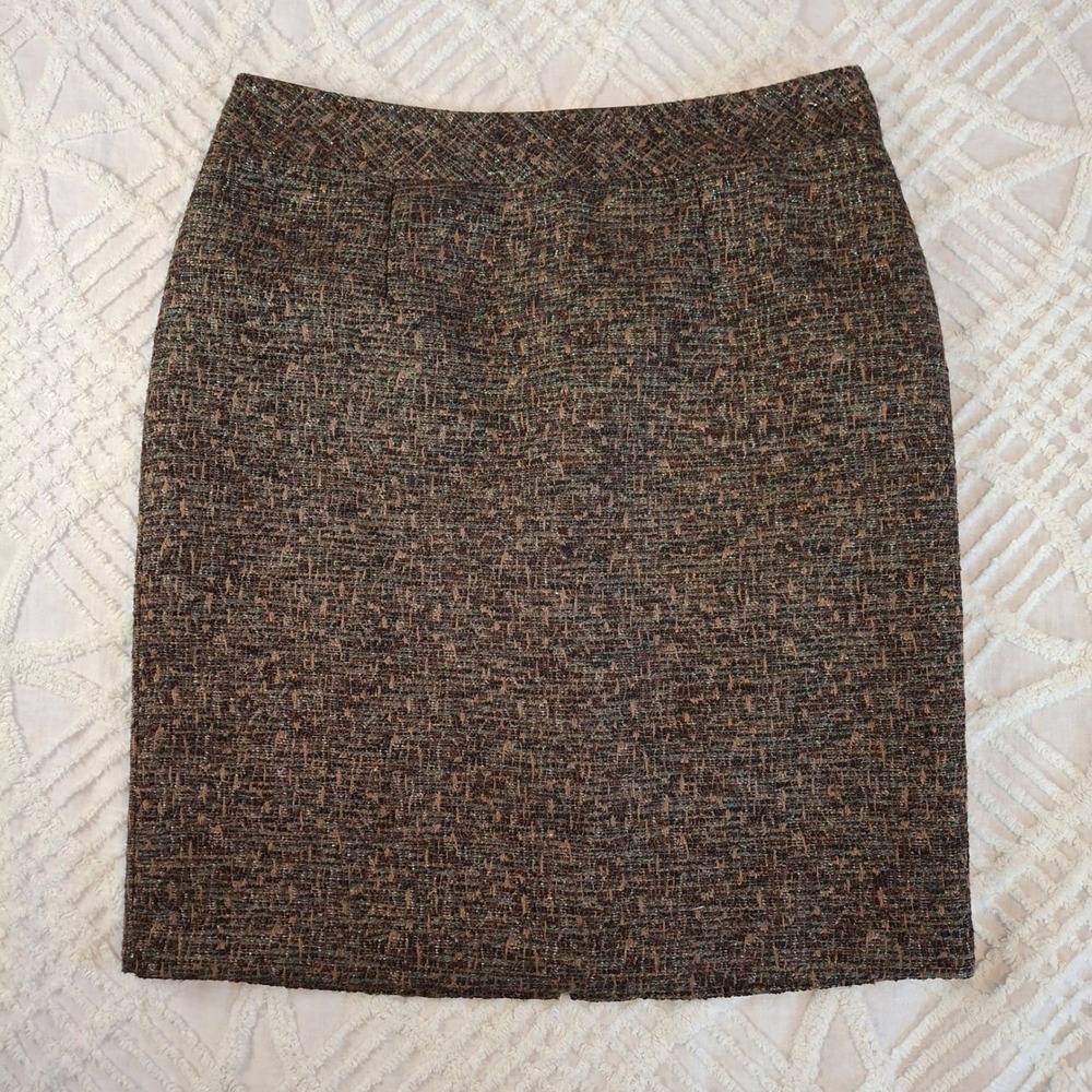 Coldwater Creek Brown Tweed Metallic Pencil Skirt Petite 12 Lined Back Slit